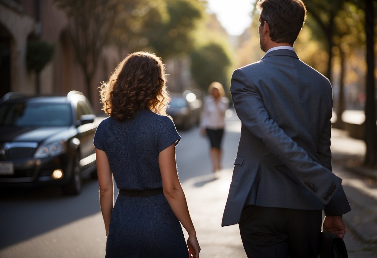 A woman walks away from a man, both looking frustrated. The man's outstretched hand is ignored as the woman turns her back