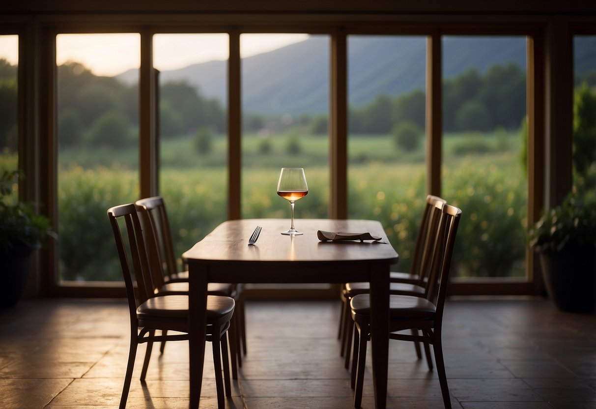 A deserted dinner table with a single wine glass and a note left behind. An empty chair and a distant figure walking away