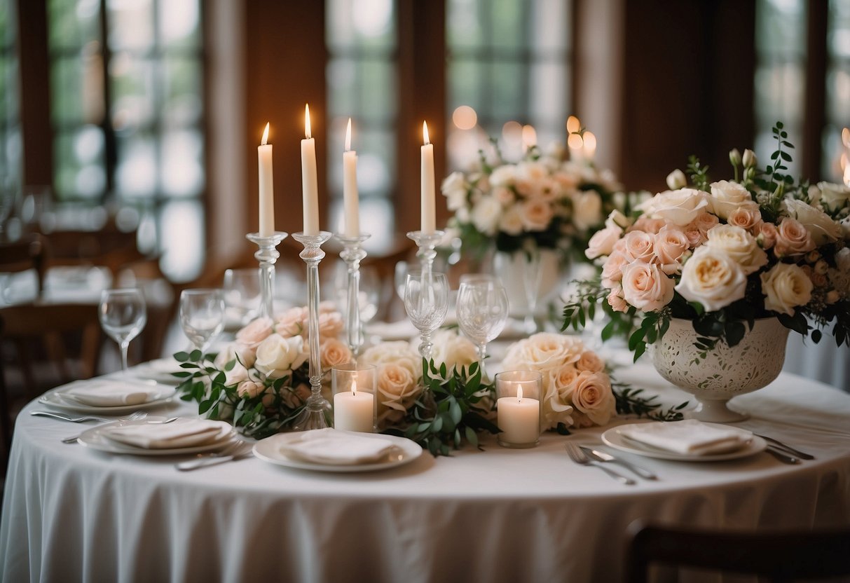 A table adorned with elegant floral arrangements, candles, and delicate lace accents, creating a romantic and sophisticated ambiance