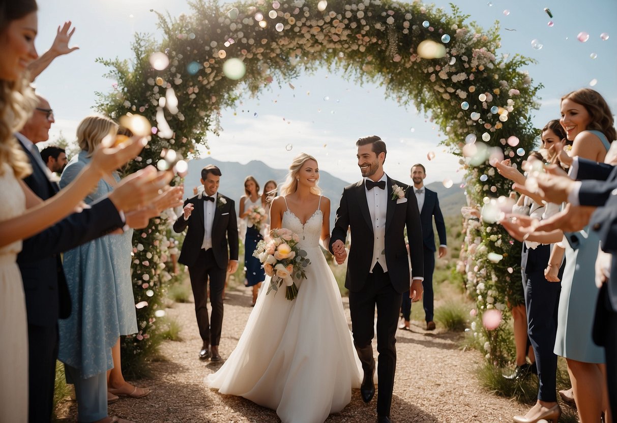 Guests toss biodegradable confetti and blow bubbles as the newlyweds walk through an arch of blooming flowers. A trail of flower petals leads to a vintage bicycle decorated with eco-friendly ribbons for the couple's departure