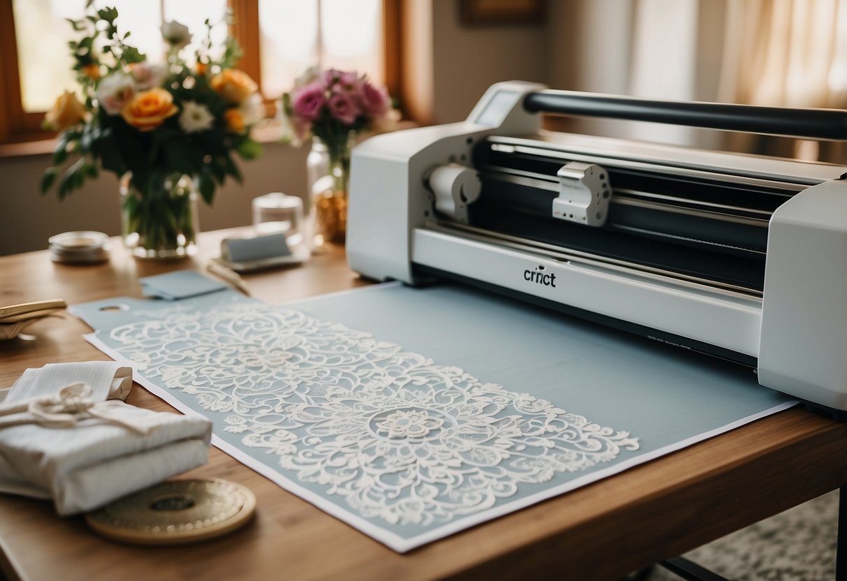 A Cricut machine cutting out wedding-themed designs on paper and vinyl, surrounded by various finished wedding gift projects