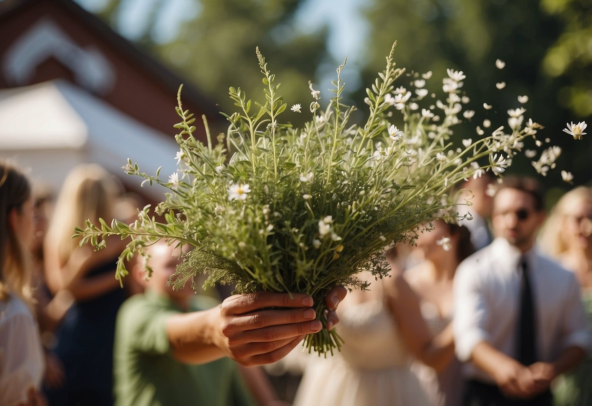 Colorful herbs flying through the air at a wedding send-off, creating a vibrant and eco-friendly scene