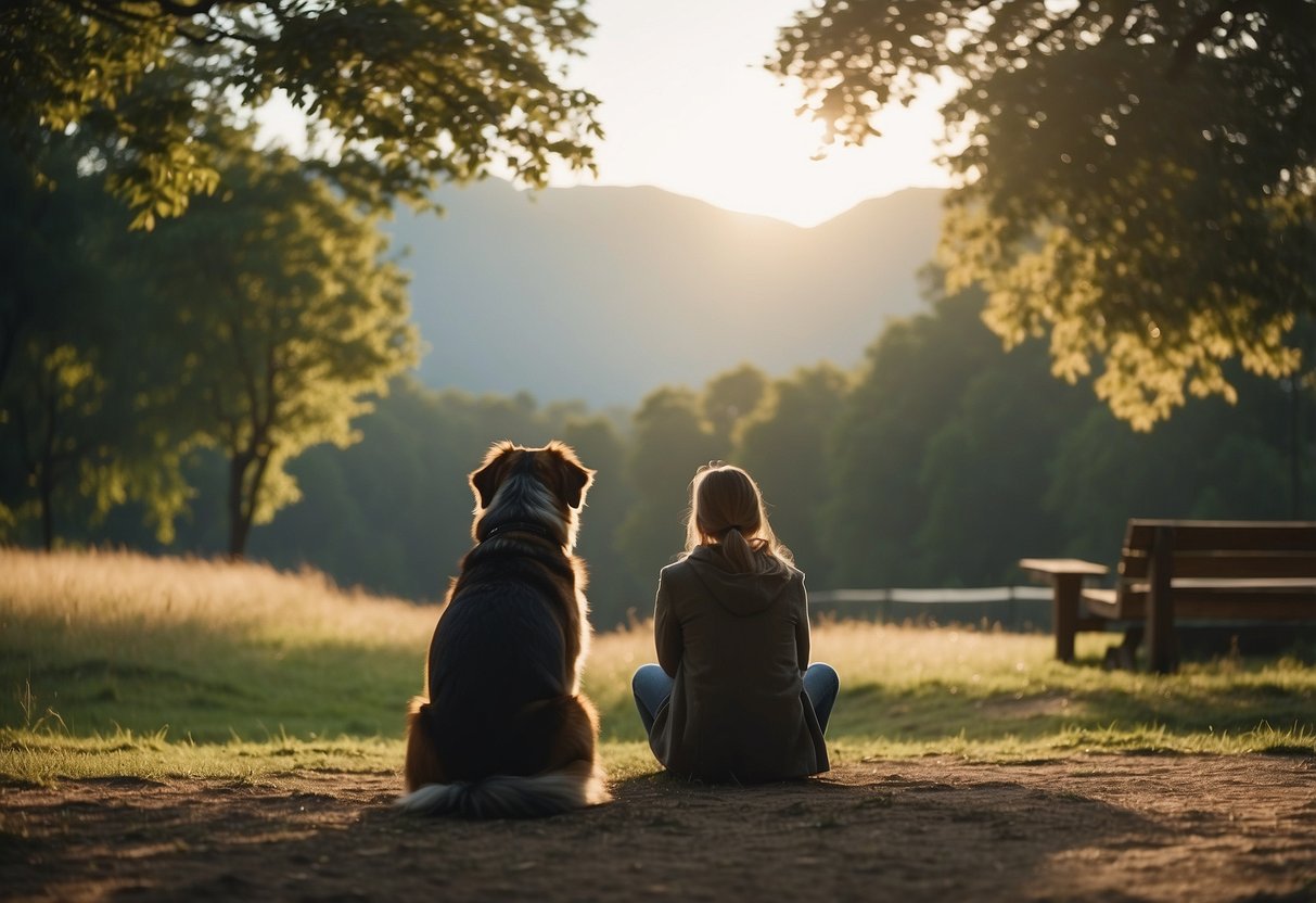 A dog and its owner sitting peacefully in a serene outdoor setting, surrounded by nature. The dog is calmly focused on its owner, while the owner practices mindfulness, creating a sense of harmony and connection between them