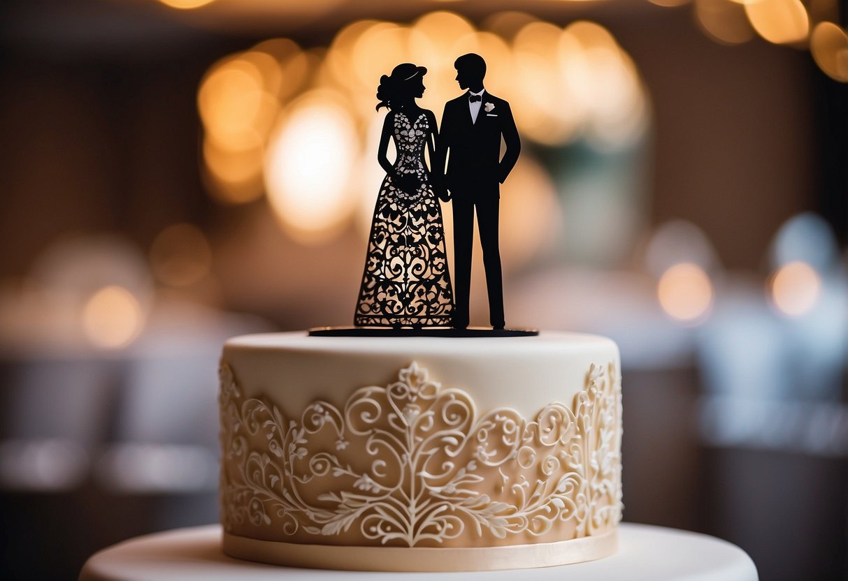 A personalized wedding cake topper sits on a tiered cake, with intricate details and elegant design, created using a Cricut machine