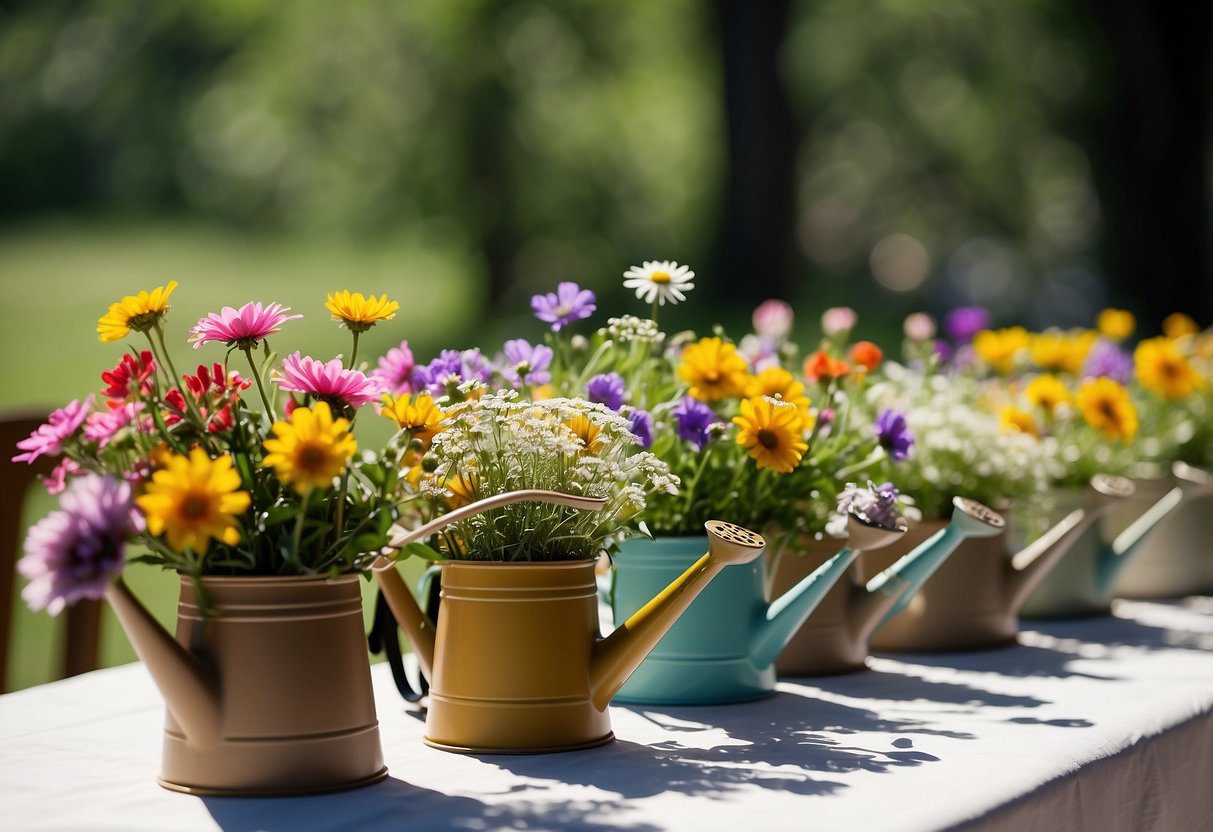 Mini watering cans filled with colorful wildflowers arranged as wedding centerpieces