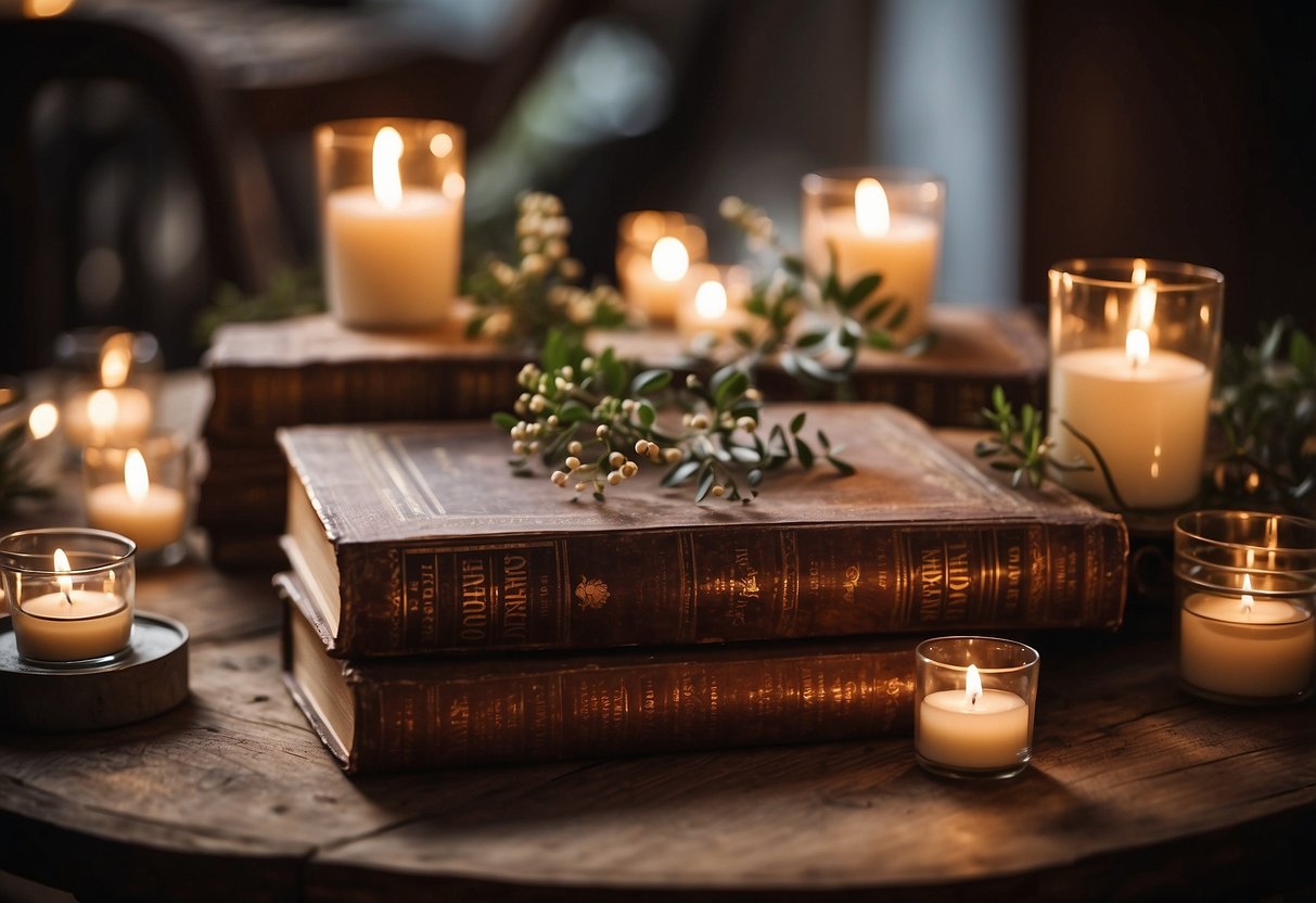 A rustic wooden table adorned with antique books and tea lights, creating a romantic and vintage wedding centerpiece