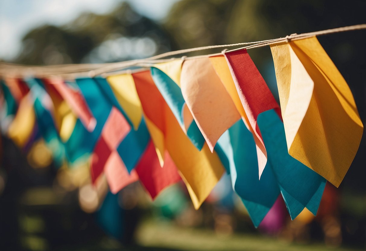 Colorful paper flags wave in the air, made from recycled materials. A wedding send-off idea that is eco-friendly and sustainable