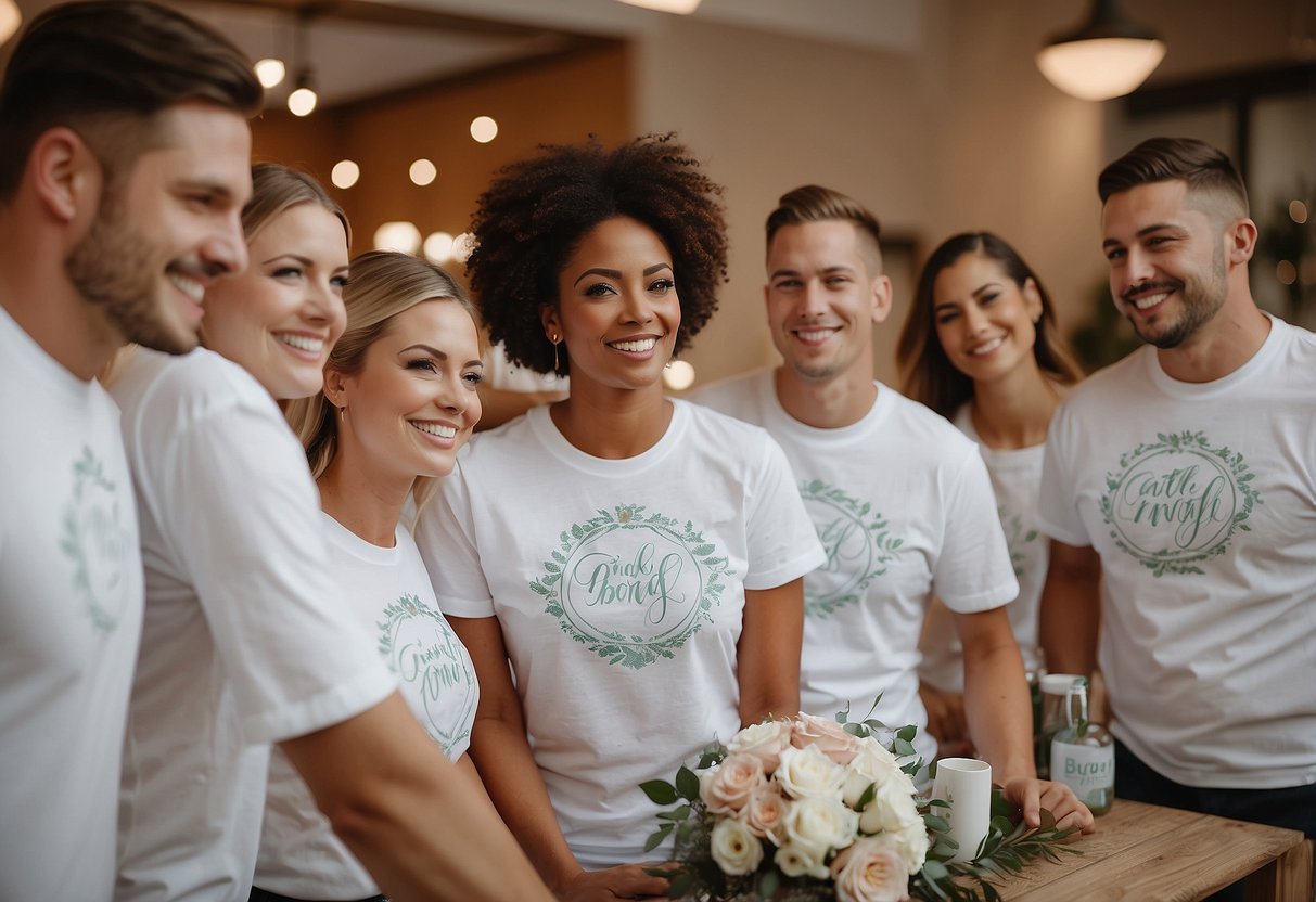 A group of matching bridal party t-shirts being personalized with a Cricut machine, surrounded by wedding-themed decorations and gift items