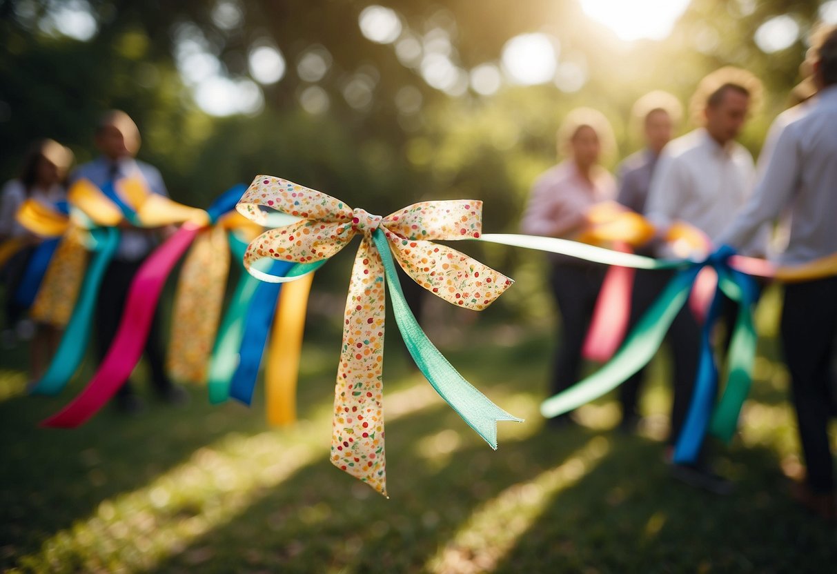 Colorful ribbon wands swirling through the air at an eco-friendly wedding send-off. Rustic outdoor setting with lush greenery and soft sunlight