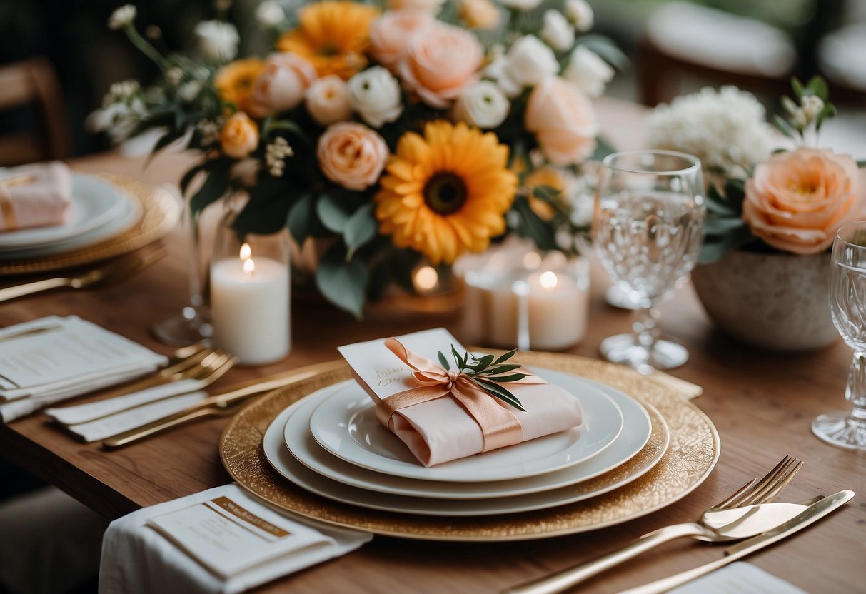 A table with floral paper invitations, a cricut machine, and wedding gift ideas spread out