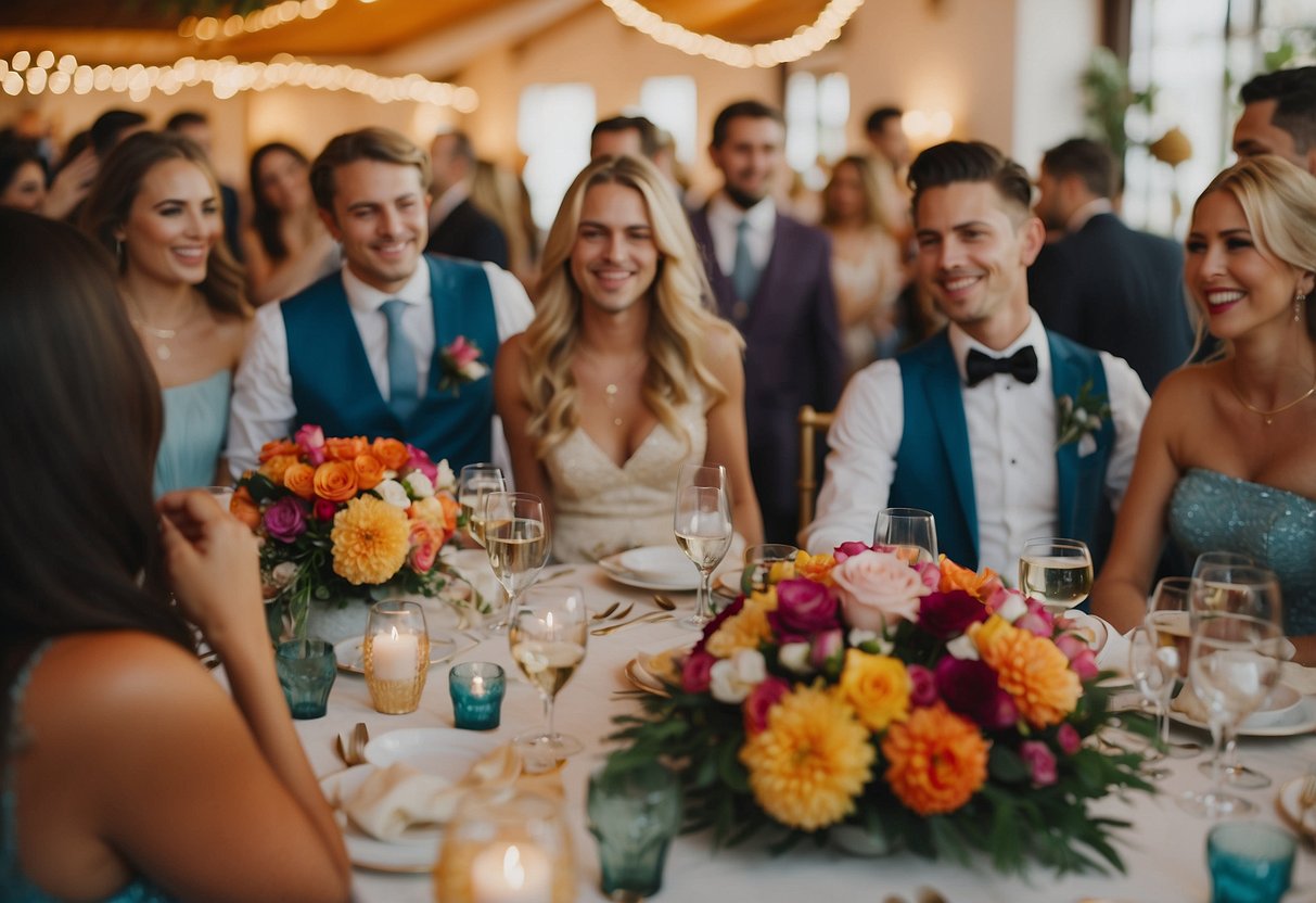 A colorful, joyful wedding reception with two grooms or two brides celebrating surrounded by friends and family