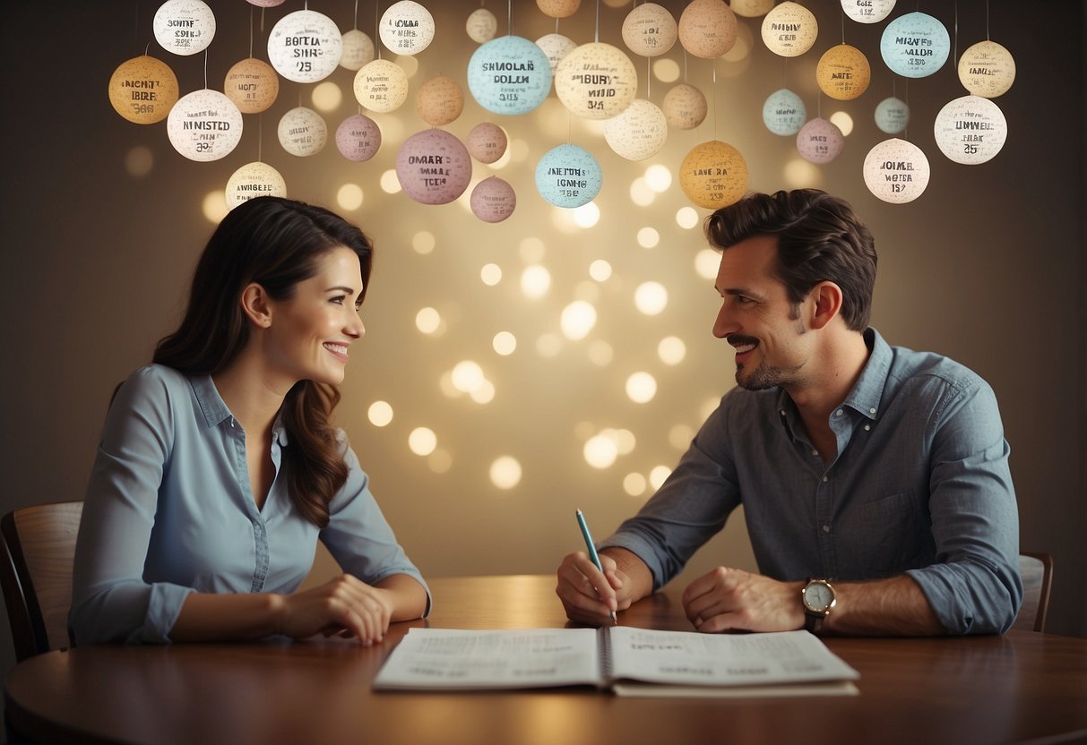 A couple sits at a table, brainstorming date ideas. A calendar and pencil are on the table, with a thought bubble above their heads