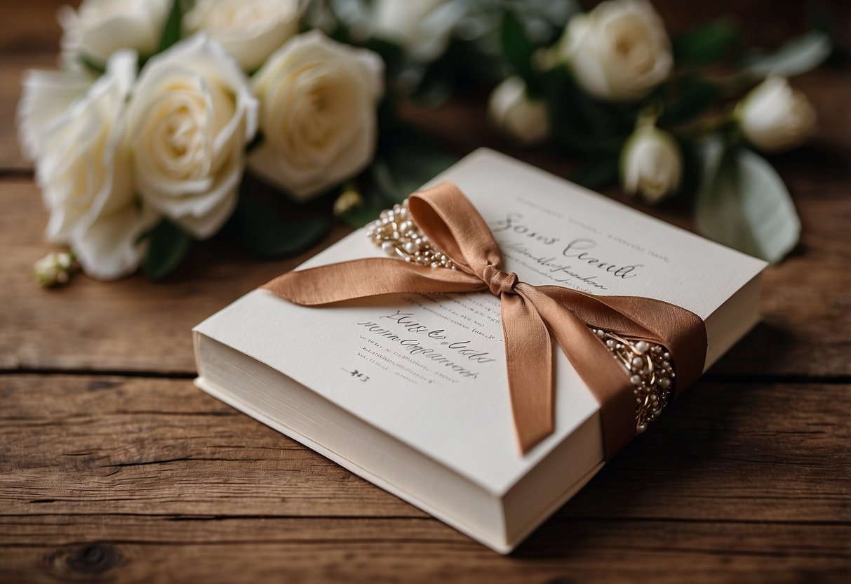 Two personalized vow books rest on a rustic wooden table, adorned with delicate calligraphy and matching ribbons, symbolizing a same-sex wedding ceremony