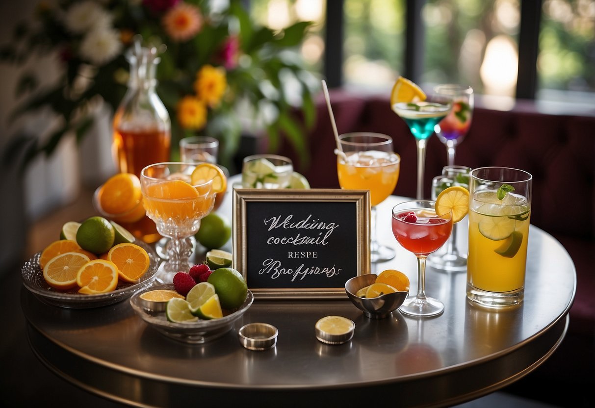 A table adorned with elegant glassware and colorful cocktail ingredients. A sign reads "Wedding Cocktail Recipes" with same-sex wedding decor in the background