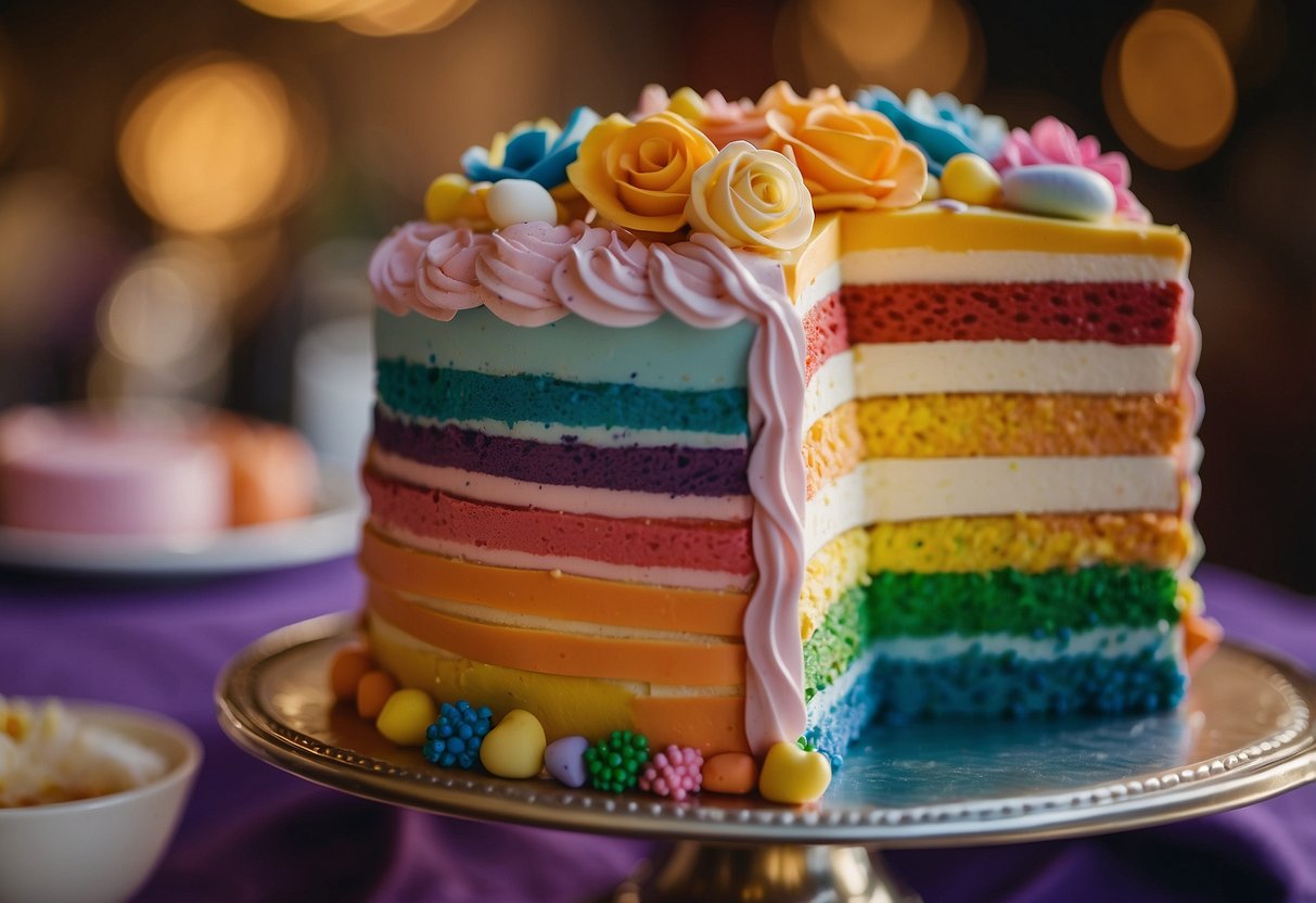 A multi-tiered wedding cake adorned with rainbow-colored frosting and pride-themed decorations, symbolizing love and unity for a same-sex wedding celebration