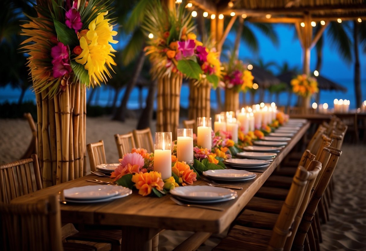 A colorful outdoor setting with tiki torches, tropical flowers, and a bamboo arch adorned with leis. Tables are decorated with coconuts, pineapples, and seashells, while guests enjoy traditional Hawaiian music and dancing