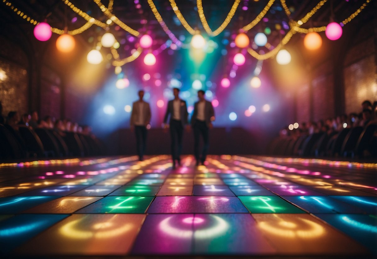 A colorful dance floor with rainbow lights and same-sex wedding symbols