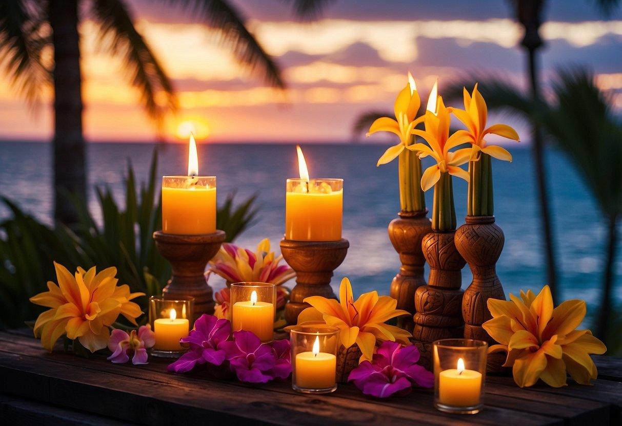 Lush tropical flowers arranged in vibrant colors, surrounded by tiki torches and leis, set against a backdrop of palm trees and a sunset over the ocean