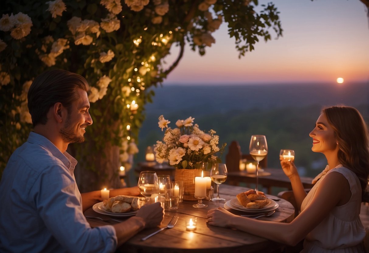 A couple sitting at a candlelit table, surrounded by flowers and wine glasses. A picturesque sunset casts a warm glow over the scene