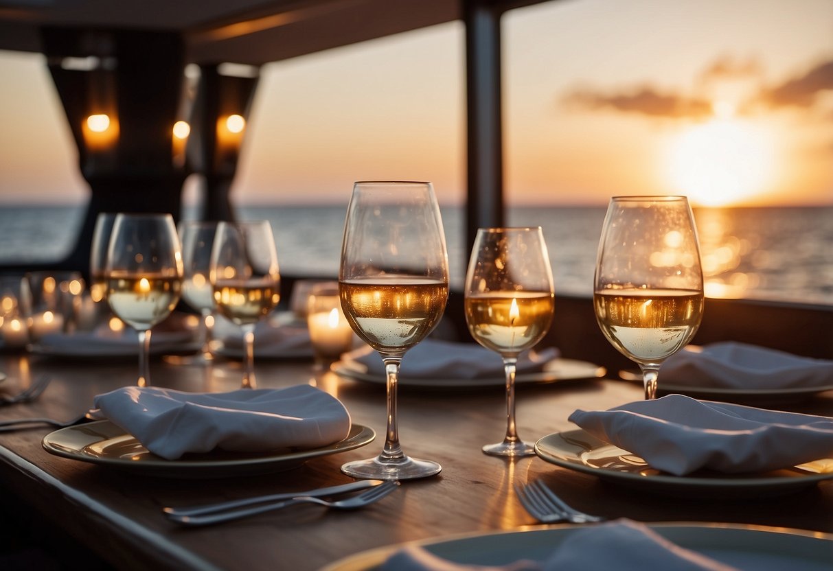 A candlelit dinner on a luxurious yacht with a backdrop of the sunset over the ocean. Wine glasses clinking, elegant table setting, and a serene atmosphere