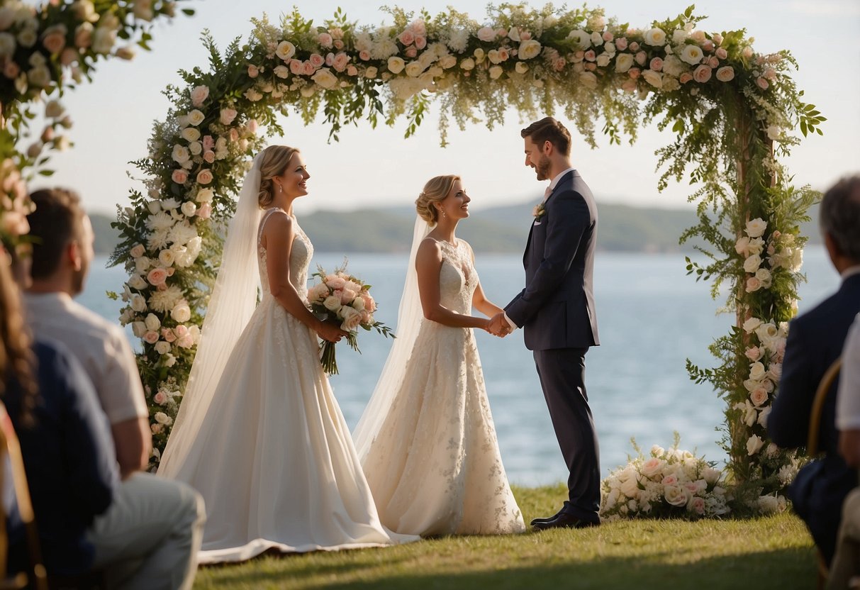 A couple stands beneath a floral arch, exchanging vows. Their personalized ceremony includes symbolic rituals and readings, surrounded by supportive friends and family