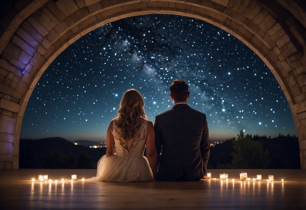 A couple sits under a starry sky, gazing at a personalized star map marking their 19th wedding anniversary. The map hangs on a wall, surrounded by romantic decor