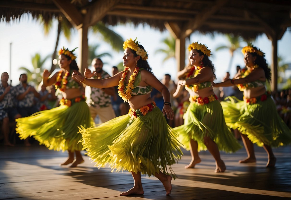 A group of dancers in traditional hula attire perform on a stage at a luau wedding, with swaying hips and graceful hand movements