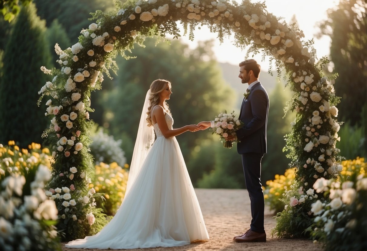 A couple stands under a floral arch, exchanging vows. A serene garden setting with soft lighting and a romantic atmosphere