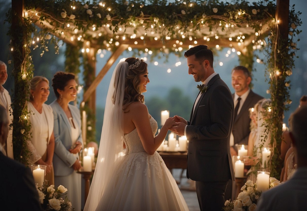 A couple exchanging vows under a chuppah adorned with family heirlooms, surrounded by loved ones holding candles and sharing in a traditional unity ritual