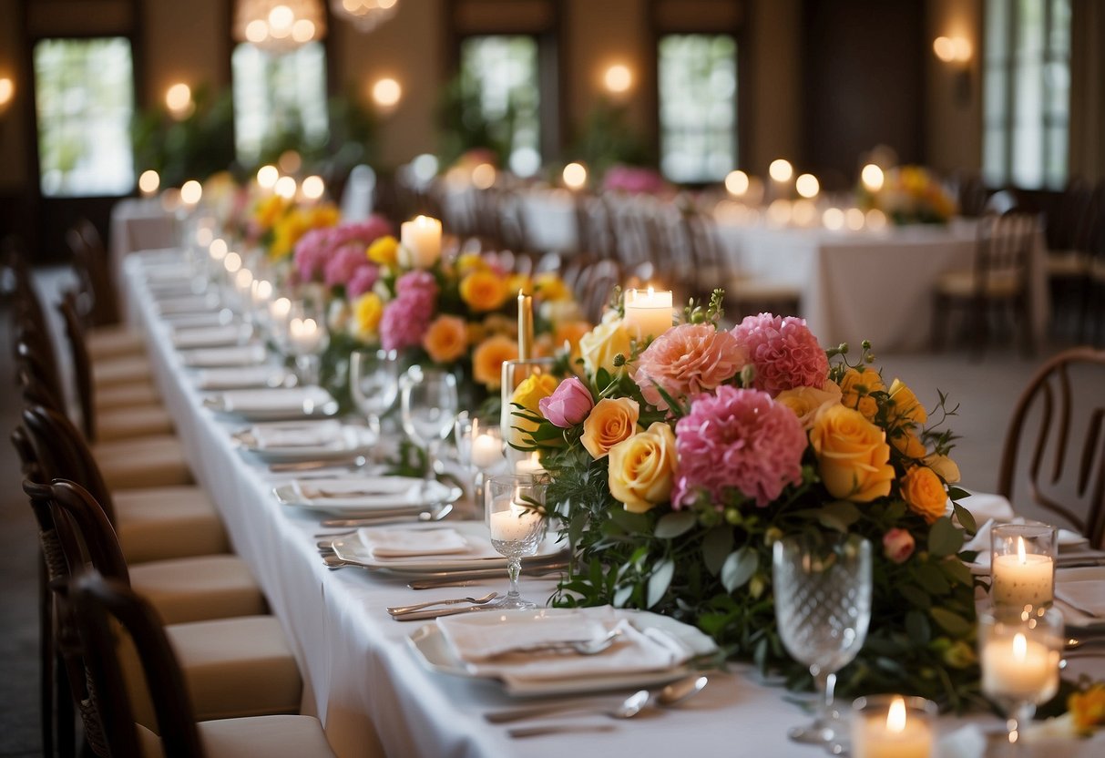 A colorful array of flowers and decorations adorns the reception venue, with elegant table settings and a beautiful backdrop for the same-sex wedding celebration