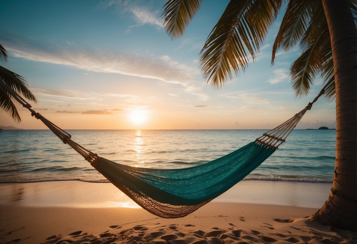 A secluded tropical beach with palm trees, crystal-clear turquoise water, and white sandy shores. A hammock sways in the gentle breeze, and a colorful sunset paints the sky