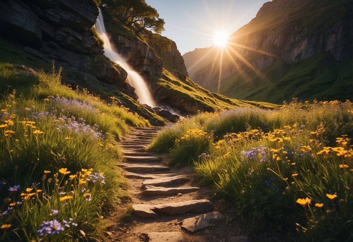 A winding mountain trail leads to a secluded waterfall. Lush greenery surrounds the path, with colorful wildflowers peeking through. The sun casts a warm glow on the landscape, creating a serene and picturesque setting for an anniversary adventure