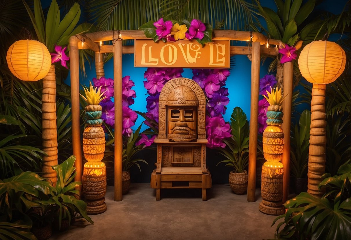 A vibrant photo booth with tiki torches, leis, pineapples, and hibiscus flowers. Brightly colored backdrop with palm trees and a sign that says "Luau Love"