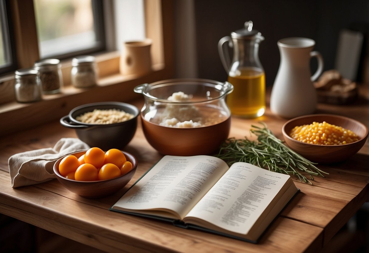 A cozy kitchen with two sets of ingredients and utensils laid out on a wooden countertop, with a recipe book open to a page on a stand