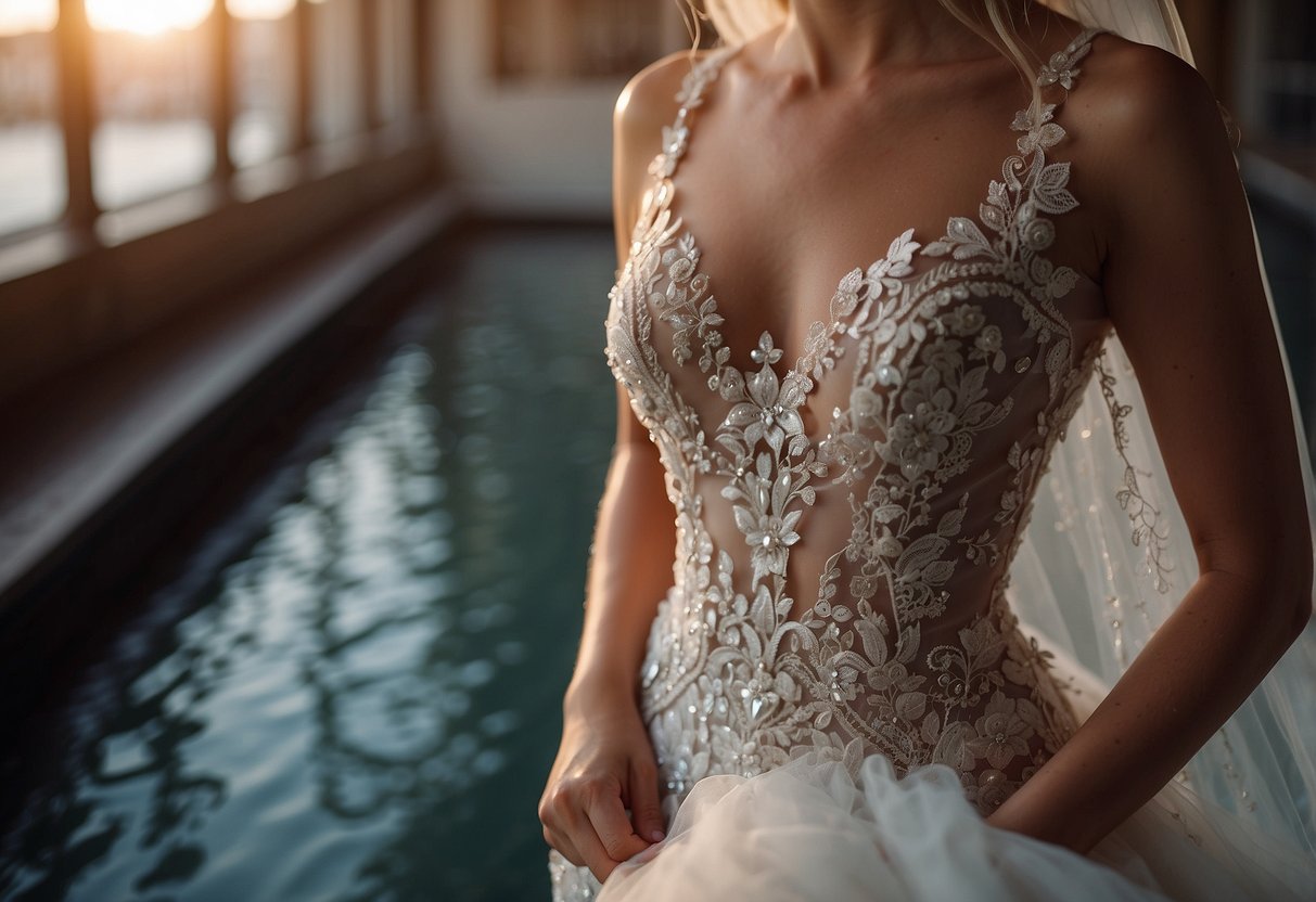 A lace, mermaid-cut wedding dress with a plunging neckline, embellished with crystal details and a long, flowing train