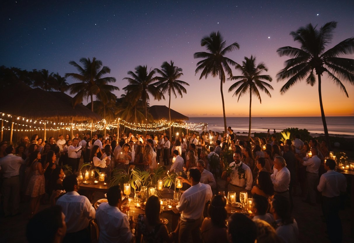 Palm trees sway as island music fills the air at a luau wedding, with tiki torches aglow and guests dancing under the stars