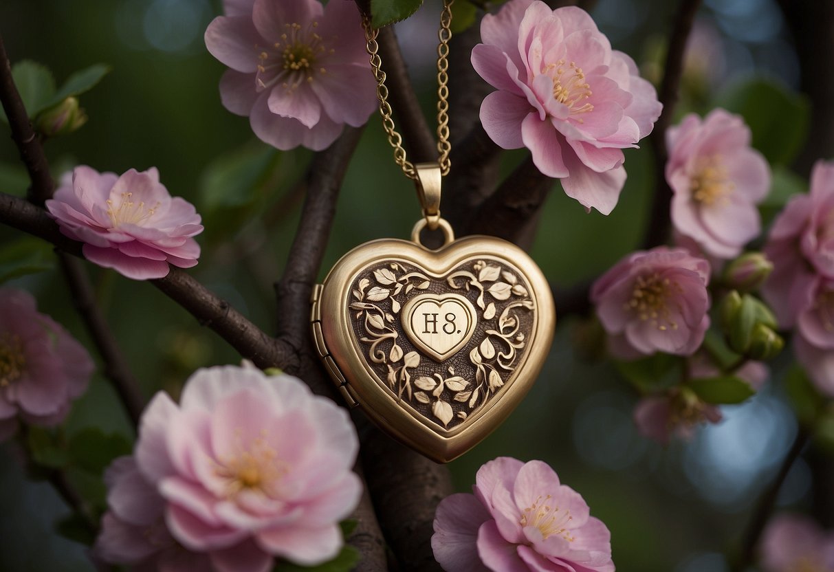 A couple's initials carved into a tree, surrounded by blooming flowers and a heart-shaped locket, symbolizing their 19th wedding anniversary