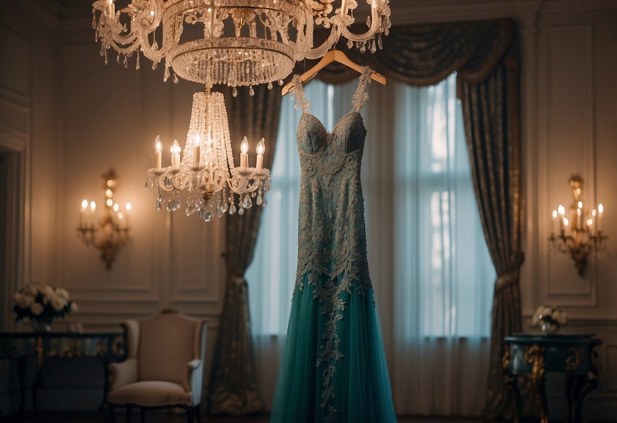 An elegant lace mermaid gown hangs on a luxurious velvet hanger, surrounded by sparkling chandeliers and opulent decor