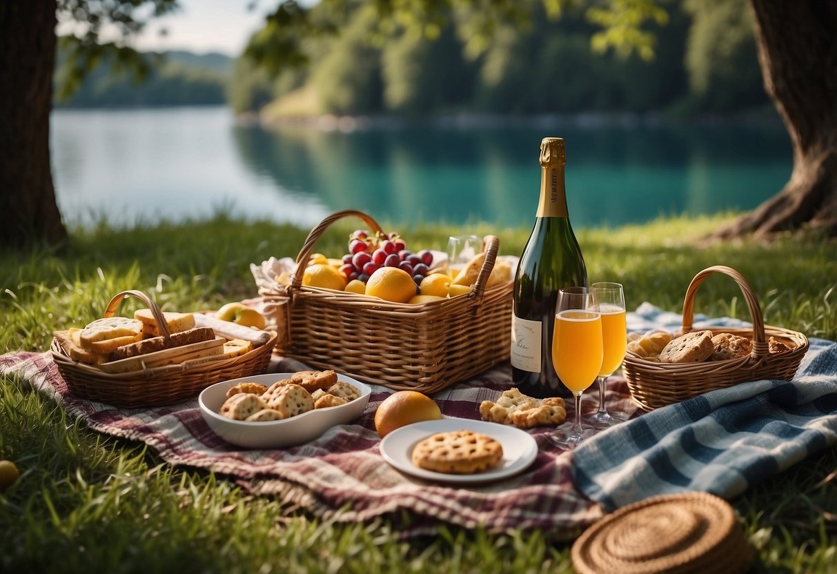 A colorful picnic blanket spread under a lush tree, surrounded by rolling hills and a sparkling lake. A wicker basket filled with gourmet treats and a bottle of champagne await