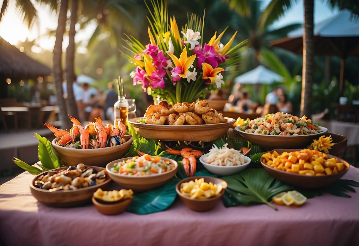 A colorful seafood buffet spread with island-inspired dishes, surrounded by tiki torches and tropical flowers for a luau wedding celebration