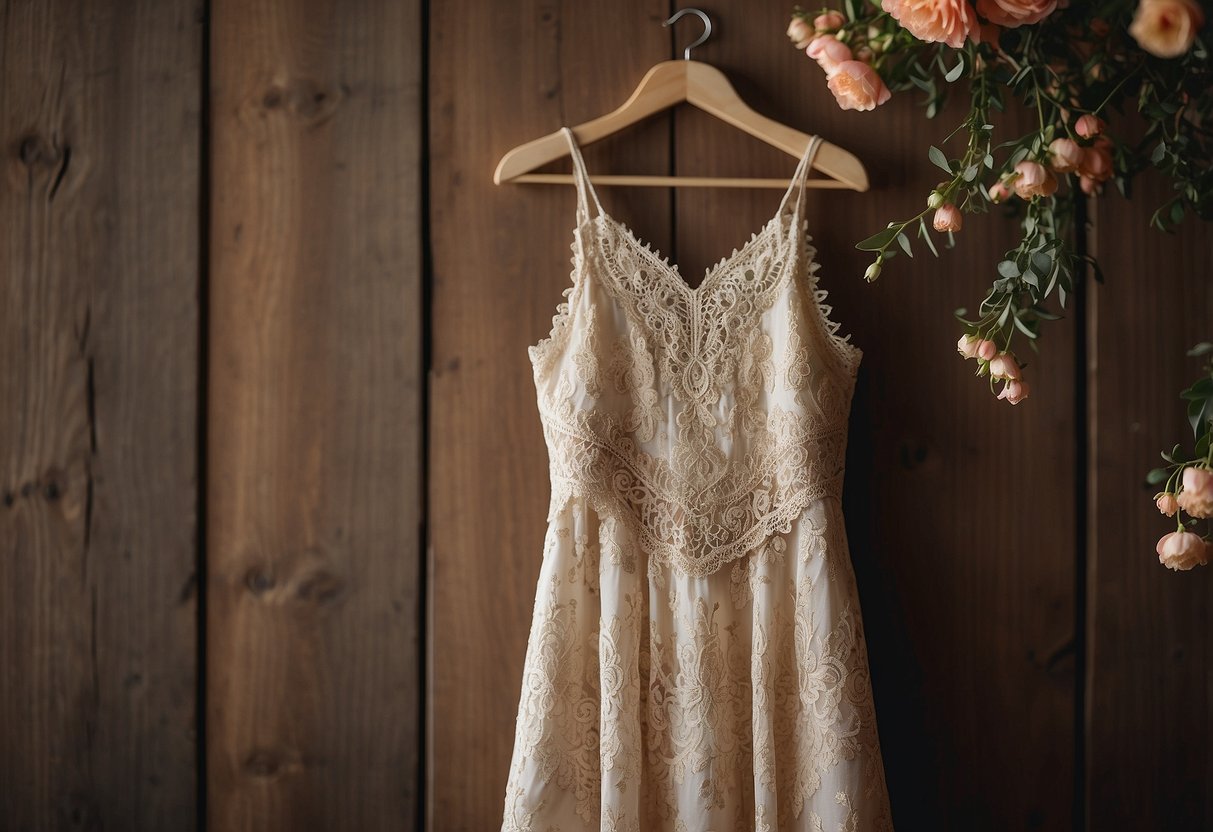 A bohemian chic beaded dress hangs on a rustic wooden hanger, surrounded by vintage lace and floral accents