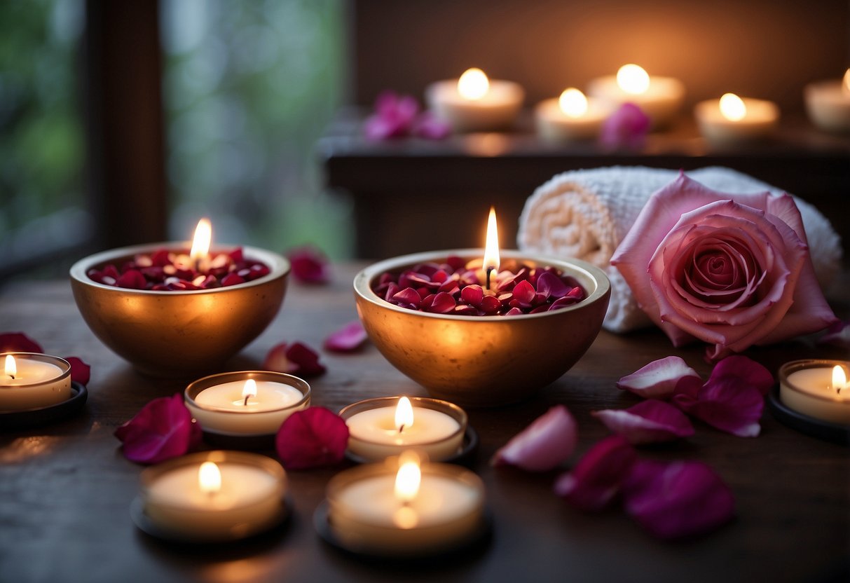 A serene spa setting with two massage tables, soft lighting, and relaxing music. Aromatherapy candles and rose petals scattered on the floor