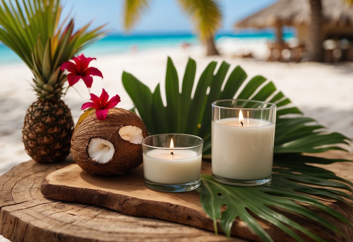 A tropical beach setting with palm leaf invitations laid out on a wooden table, surrounded by coconuts, hibiscus flowers, and tiki torches