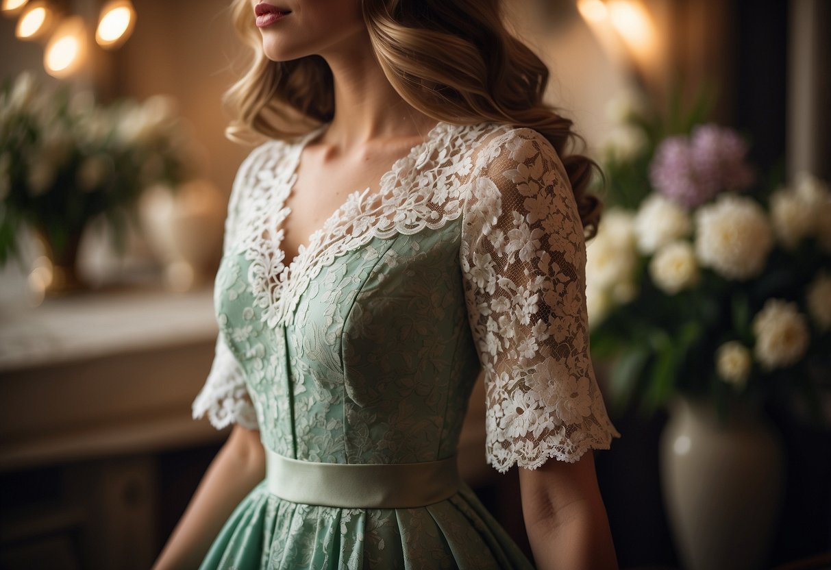 A tea length dress with lace and floral details, set against a backdrop of vintage-inspired decor and soft lighting