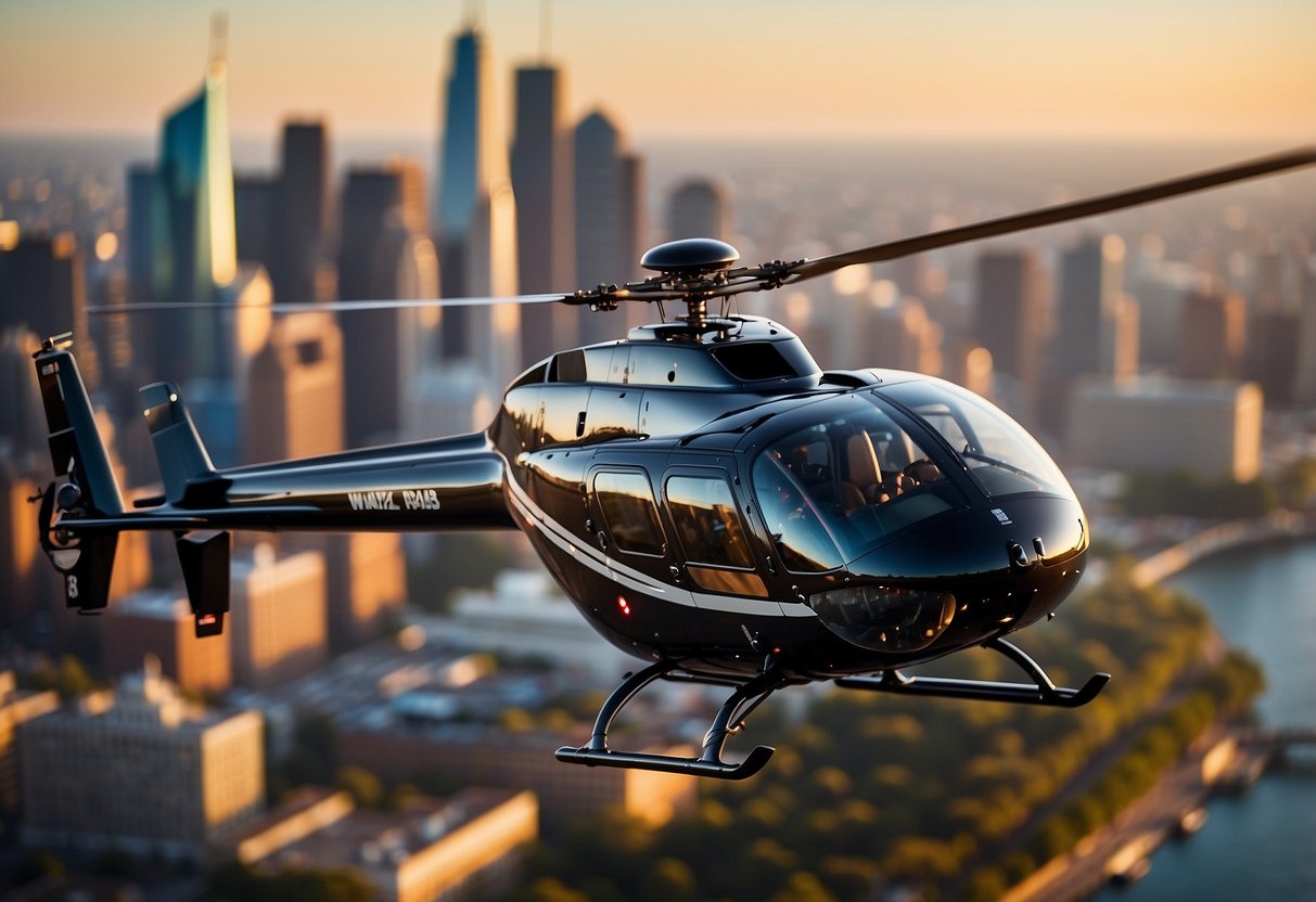 A helicopter hovers over a bustling city skyline, capturing the vibrant energy and iconic landmarks below