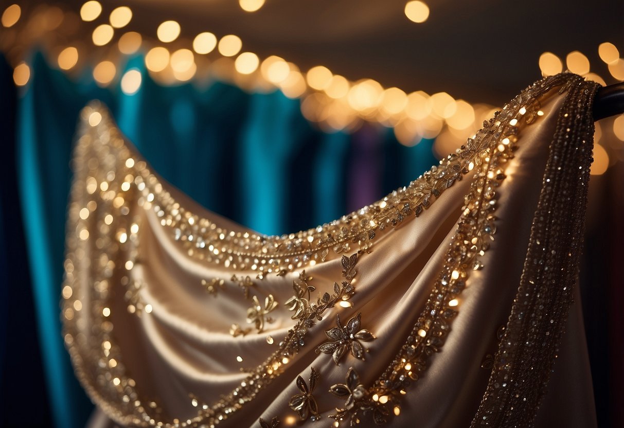 A classic satin ball gown hangs on a velvet hanger, surrounded by twinkling fairy lights and glittering sequins