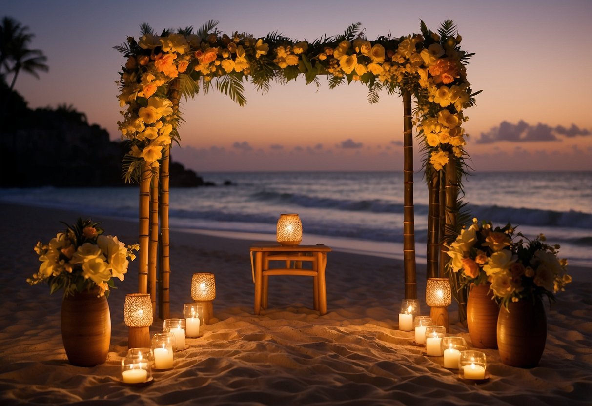 A beachfront ceremony with tiki torches, leis, and a bamboo arch adorned with tropical flowers. The sun sets over the ocean, casting a warm glow on the sandy shore