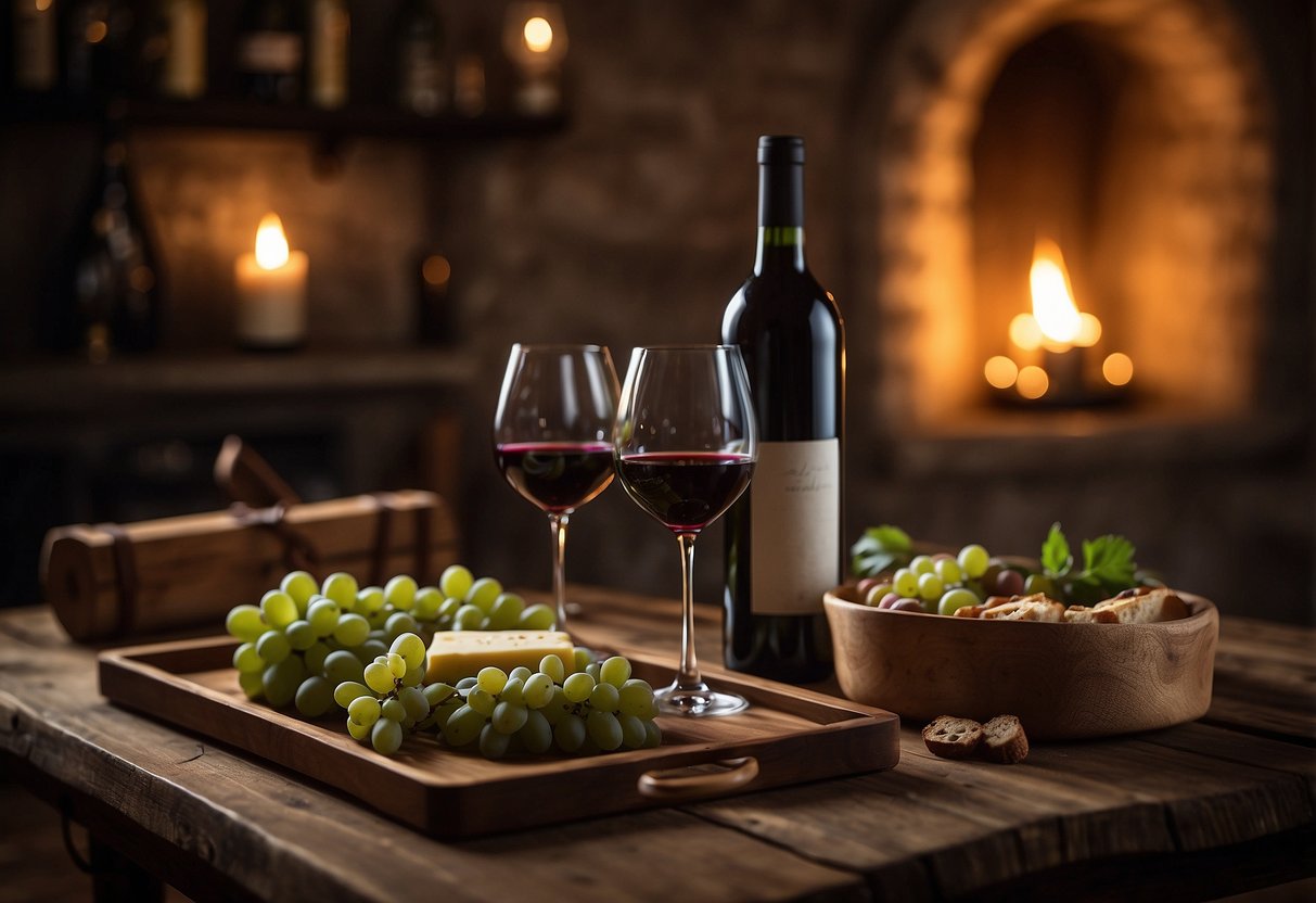 A cozy table set with various wine bottles, glasses, and tasting notes. Soft candlelight and a rustic backdrop create an intimate atmosphere for a private wine tasting