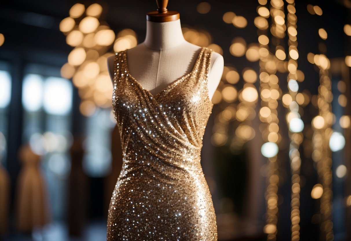 A sparkling sequin sheath dress hangs on a mannequin, catching the light and shimmering in the air. Bright and glamorous, it exudes the perfect Vegas wedding vibes