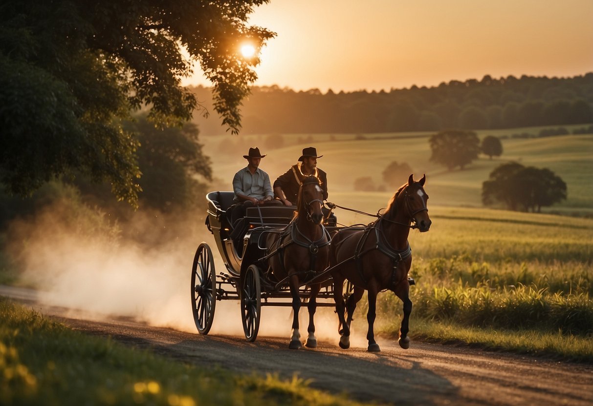 A couple rides in a horse-drawn carriage, surrounded by lush countryside, with the sun setting in the distance